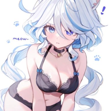 genshin impact, furina (genshin impact), miyuchiq, 1girls, animal ears, belly button, black underwear, blue eyes, blue hair, bra, cat ears, cleavage, female, female focus, female only