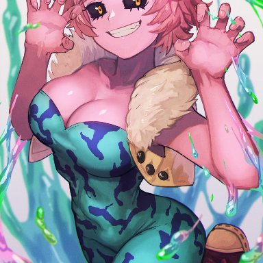 boku no hero academia, my hero academia, mina ashido, lc butter, 1girls, acid, black eyes, breasts, cleavage, collarbone, colored skin, female, fluffy jacket, horns, jumpsuit