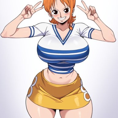 one piece, nami, nami (one piece), artist request, 1girl, 1girls, belly, belly button, big breasts, boots, brown eyes, female, female only, giant breasts, miniskirt