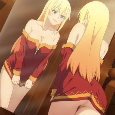 darkness (konosuba), megumin (cosplay), keihh, 1girls, ass, back, back view, big breasts, blonde hair, breasts, cleavage, clothing, cosplay, dress shirt, female