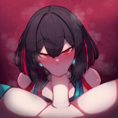 honkai (series), honkai: star rail, stelle (honkai: star rail), xueyi (honkai: star rail), freecott, rikuguma, 1futa, 1girls, balls, big breasts, big penis, black hair, blowjob, blowjob face, blush