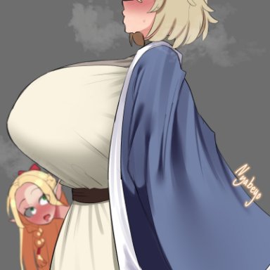 dungeon meshi, falin touden, marcille donato, guabeyo, nyabeyo, 2girls, alternate breast size, blonde hair, breasts, female, hips, huge breasts, light skin, light-skinned female, long hair