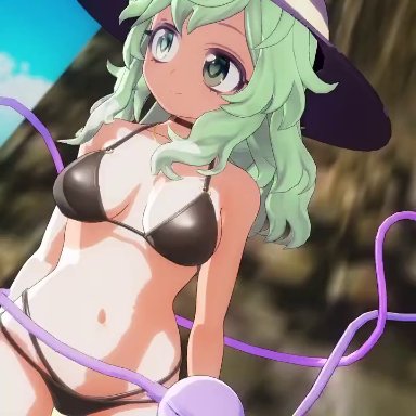 touhou, koishi komeiji, mofumoko5, 1girls, beach, big breasts, bikini, bikini pull, black bikini, breasts, busty, cleavage, clothes pull, female, female only