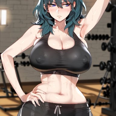 fire emblem, fire emblem: three houses, nintendo, byleth (fire emblem), byleth (fire emblem) (female), floox, 1girls, blue eyes, blue hair, booty shorts, breasts, dolphin shorts, female, gym, huge breasts