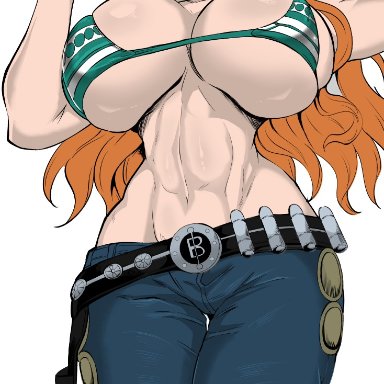 one piece, nami, nami (one piece), ajaycolor, jet puri, 1girls, big breasts, bikini, bikini top, colored hair, colored inner hair, colored skin, female, female focus, female only