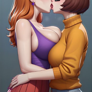 hanna-barbera, scooby-doo, daphne blake, velma dinkley, 2girls, breasts, cleavage, female only, french kiss, glasses, hand around waist, jeans, kissing, namizandran, nerd