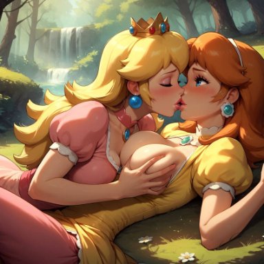 deviantart, mario (series), nintendo, princess daisy, princess peach, bazoombasakimbo, 2girls, asymmetrical docking, blonde hair, blush, breast grab, breast out, brown hair, cleavage, clothing