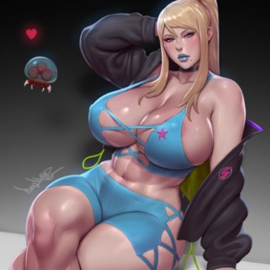 metroid, metroid (creature), samus aran, zero suit samus, pinkdrawz, 1girls, abs, areola bulge, areola slip, areolae, areolae visible through clothing, bangs, bench, big breasts, big lips