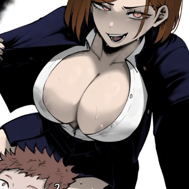 jujutsu kaisen, itadori yuuji, kugisaki nobara, ajaycolor, masoq095, breasts, cleavage, colored hair, colored inner hair, colored skin, grin, open shirt, shonen jump, skirt, sweat