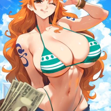 one piece, nami, nami (one piece), artist request, 1boy, aqua bikini, areola slip, areolae, bangs, beach, bikini, blue sky, blush, breasts, cleavage