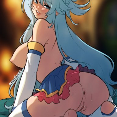 aqua (konosuba), kinkymation, anus, ass, ass focus, balls, blue eyes, blue hair, blush, cleavage, cum on balls, female only, footwear, goddess, hair between eyes