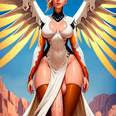 blizzard entertainment, overwatch, overwatch 2, mercy, viralcat, 1futa, angel, angel wings, big breasts, big penis, blonde hair, blue eyes, breasts, clothing, dickgirl