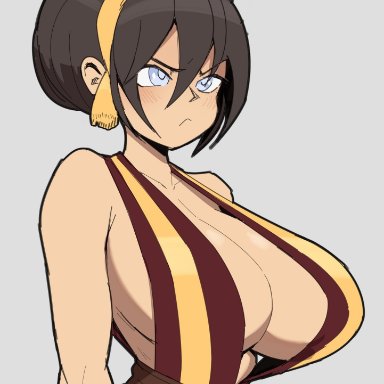 avatar the last airbender, nickelodeon, toph bei fong, cooliehigh, 1girls, bare arms, bare shoulders, big breasts, black hair, blind, blind eye, blush, clothed, clothing, female