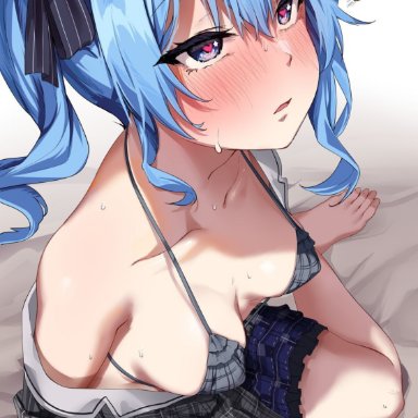 hololive, hololive japan, hoshimachi suisei, jack dempa, 1girls, blue eyes, blue hair, blush, bra, breasts, eyebrows visible through hair, feet, female, female only, hair between eyes