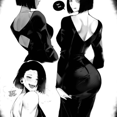 jujutsu kaisen, itadori kaori, kenjaku, masoq095, 1girls, back view, big ass, black hair, breasts, dress, implied sex, panting, possession, short hair, side view