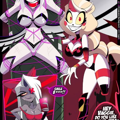 hazbin hotel, vivienne medrano, lute (hazbin hotel), vaggie (hazbin hotel), great dude, 3girls, angel, angel girl, angel wings, bare arms, bare legs, bare shoulders, bare thighs, big breasts, blonde hair