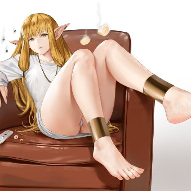 frieren beyond journey's end, sousou no frieren, serie (sousou no frieren), easonx, 1girls, anklet, ass, bare legs, barefoot, blonde hair, eating, elf, elf ears, feet, female