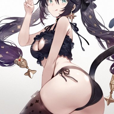 genshin impact, mona (genshin impact), setsumanga, 1girls, aqua eyes, ass, bra, breasts, bubble butt, cleavage, earrings, female, panties, purple hair, solo