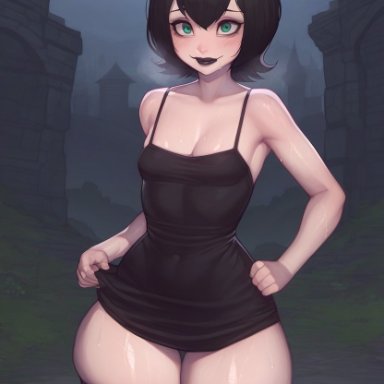 hotel transylvania, mavis dracula, wanuze, big ass, big butt, big thighs, black hair, blush, female, goth girl, gothic, green eyes, huge ass, huge butt, huge thighs