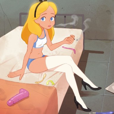 alice in wonderland, alice in wonderland (1951 film), disney, alice (disney), alice liddell, mangamaster, 1girls, bed, blue hair, breasts, cigarette, dildo, hair ribbon, heels, high heels