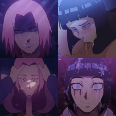 boruto: naruto next generations, naruto, naruto (series), naruto shippuden, hyuuga hinata, sakura haruno, d-art, 2girls, after deepthroat, after fellatio, after oral, big breasts, blowjob, blowjob face, bouncing