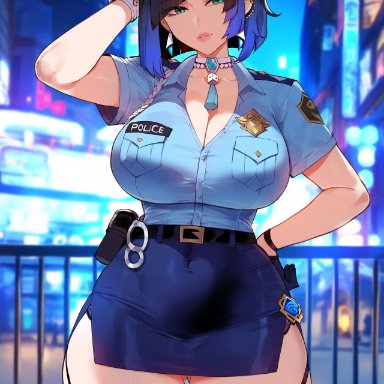 genshin impact, yelan (genshin impact), miyuai, 1boy, 1boy1girl, 1girls, ass visible through thighs, belly button, big breasts, big thighs, blue hair, choker, city, female, female focus