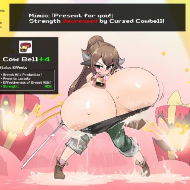 lacto (haruozi), corivas, big breasts, blush, body modification, breast expansion, breasts, breasts bigger than head, breasts out, cow bell, cow girl, cow horns, cowbell, cowgirl, cursed