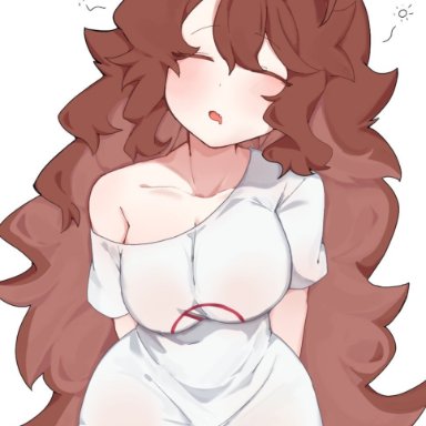 friday night funkin, girlfriend (friday night funkin), tyama haruki, big breasts, brown hair, bushy hair, closed eyes, female, female only, girl only, large shirt, long hair, sleeping, sleepy, t-shirt