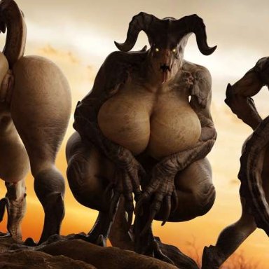 deathclaw, female deathclaw, sfrogue, 3girls, ass, big ass, big breasts, big butt, breasts, female, 3d