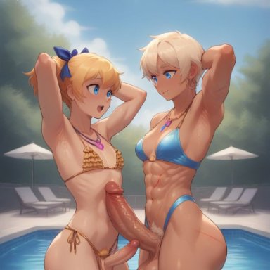 masomelon, crossdressing, cute, femboy, futa on male, futanari, large penis, muchin (style), muscular futanari, penis size difference, pool, siblings, ai generated