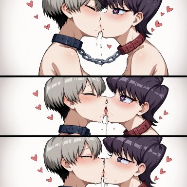 komi-san wa komyushou desu, uzaki-chan wa asobitai!, komi shuuko, uzaki hana, notreallyhere, chains, closed eyes, collar, french kiss, grey hair, hair between eyes, heart, heart-shaped pupils, kissing, lesbian