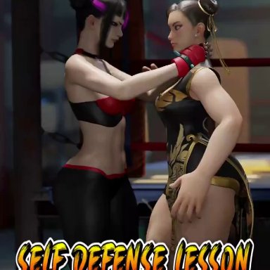 capcom, street fighter, street fighter 6, chun-li, juri han, kamadeva, pixiewillow, 2girls, ass, audible music, audible speech, black hair, black pants, boxing ring, bracelet