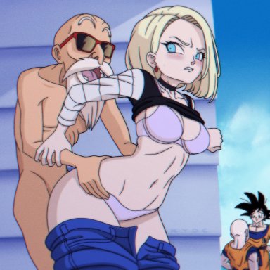 dragon ball, dragon ball z, android 18, krillin, kuririn, master roshi, muten roushi, son goku, kyde, 1boy, 1boy1girl, 1girls, age difference, android, angry