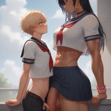 masomelon, 1boys, 1futa, abs, bare midriff, big dom small sub, blush, casual exposure, choker, femboy, flaccid, futa is bigger, futa on male, futa with male, futadom