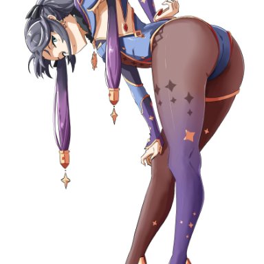 genshin impact, mona (genshin impact), automatic giraffe, 1girls, armwear, ass, ass focus, black hair, ear piercing, female, gloves, gradient hair, green eyes, hair ornament, hand on knee