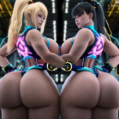 metroid, nintendo, stellar blade, eve (stellar blade), samus aran, zero suit samus, nixmare (artist), 2girls, alternate costume, ass, ass cleavage, ass focus, big ass, big breasts, big butt