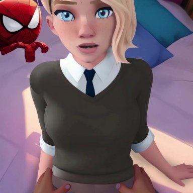 marvel, gwen stacy, miles morales, spider-gwen, ohmywaifu, blonde hair, blue eyes, climax, cum, cum in pussy, cum inside, cumming, cumming together, dark-skinned male, medium hair