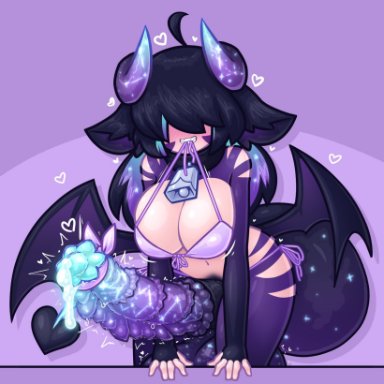 limebreaker, 1futa, armored penis, balls, barbed penis, bell, bent over, big breasts, black hair, breasts, clothed, clothing, cow bell, cowbell, demon wings