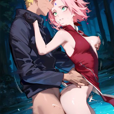 naruto, naruto (series), naruto shippuden, sakura haruno, uzumaki naruto, jill-ai, 1boy, 1girls, ass, blue eyes, blush, bottomless, breast grab, breast squeeze, breasts