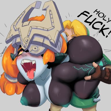 nintendo, the legend of zelda, twilight princess, link, midna, twili, bombcat, 1boy, 1girls, alternate breast size, anal, big breasts, bodily fluids, breasts, drooling