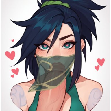 league of legends, league of legends: wild rift, akali, akali jhomen tethi, bobartnsfw, balls, bangs, bare shoulders, black hair, blowjob, blowjob under mask, blush, blushing at viewer, cleavage cutout, crop top