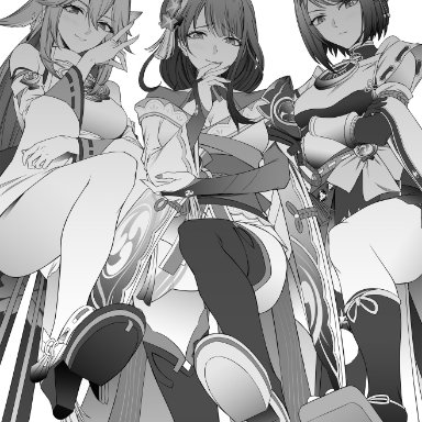 genshin impact, kujou sara, raiden shogun, yae miko, takai isshiki, 3girls, animal ears, big breasts, breast curtains, breasts, clothed, clothing, crossed arms, detached sleeves, feet