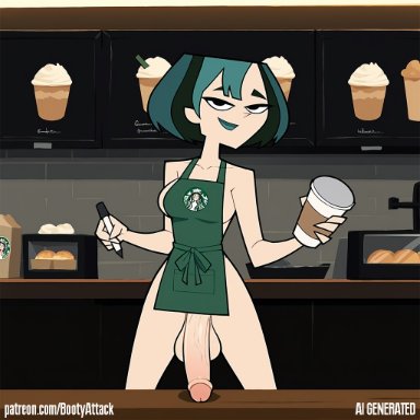 total drama island, gwen (tdi), bootyattack, 1futa, apron, black eyes, black hair, dickgirl, futa only, futa sans pussy, futanari, goth, goth futa, green hair, naked apron