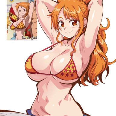 one piece, punk hazard, nami, bocodamondo, lewdamone, 1girls, arms above head, arms up, belly button, big breasts, bikini top, blush, breasts, brown eyes, busty