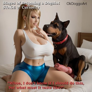 samus aran, okdoggo, 1dog, 1girls, aroused, bedroom, big ass, big breasts, big butt, bimbo, blonde hair, blue eyes, canine, erection, female