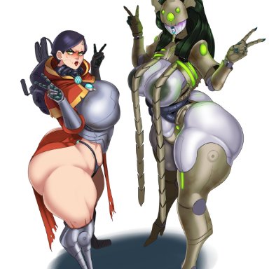 warhammer (franchise), warhammer 40k, adeptus mechanicus, necron, techpriest, sunnysundown, 2girls, annoyed, ass, ass focus, big ass, big butt, cyborg, dress, eyeshadow