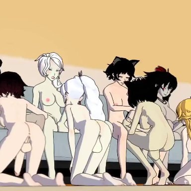 rooster teeth, rwby, blake belladonna, kali belladonna, raven branwen, ruby rose, summer rose, weiss schnee, willow schnee, yang xiao long, sfmslayer, 8futas, anus, barefoot, black hair