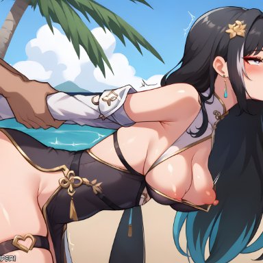 wuthering waves, baizhi (wuthering waves), 1boy, ahe gao, bare shoulders, beach, bent over, black dress, black gloves, black hair, blue eyes, blue sky, blush, breasts, china dress