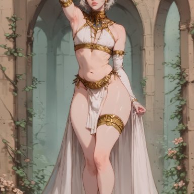 dark souls, fromsoftware, dark sun gwyndolin, groupstation, 1boy, androgynous, ankle strap heels, anklet, arm behind head, crotch bulge, femboy, flat chest, full body, girly, gloves