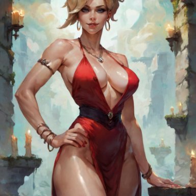 overwatch, overwatch 2, mercy, philon, 1girls, armlet, bare shoulders, blonde hair, blue eyes, bracelet, breasts, breasts apart, candle, cleavage, covered nipples